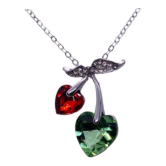 Imitation Red Green Cubic Zirconia Gemstone Cherry Cherries Heart Necklace - Picture 4 of 6